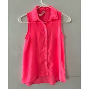 Aeropostale Blouse Sheer Sleeveless Neon Button Up Pink XS